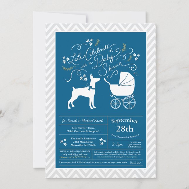 Doberman Pinscher Dog Baby Shower Blue Boy Invitation (Front)