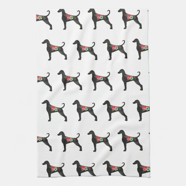 Doberman Pinscher Dog Breed Boho Floral Silhouette Kitchen Towel (Vertical)