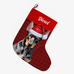 Doberman Pinscher Dog Holiday Plaid Personalized Large Christmas Stocking