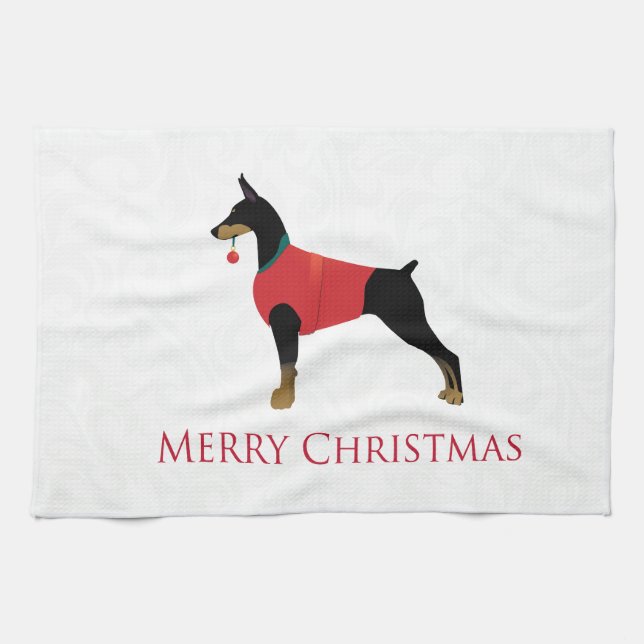 Doberman Pinscher Dog Merry Christmas Design Kitchen Towel (Horizontal)