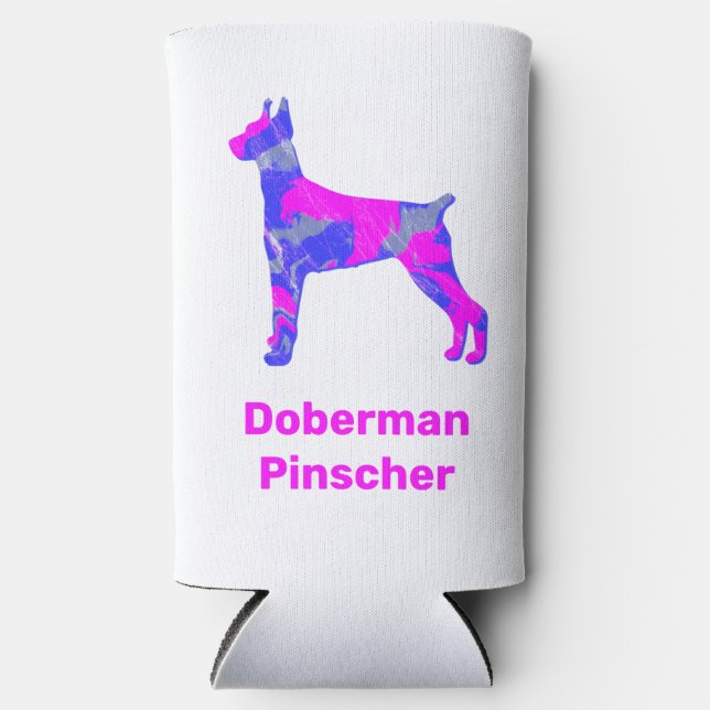 Doberman Pinscher Dog Silhouette Hot Pink & Blue Seltzer Can Cooler (Front)