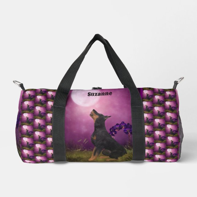 Doberman Pinscher Fantasy Moon Personalized Duffle Bag (Front)