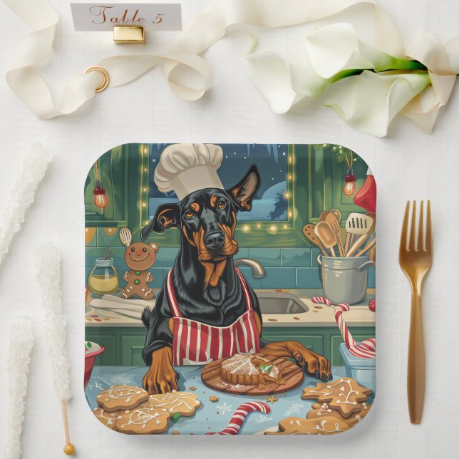 Doberman Pinscher Holiday Baking Festive Christmas Paper Plate (Wedding)
