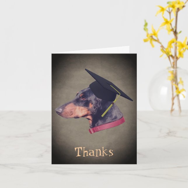 Doberman Pinscher In Graduation Cap Thank You Card (Yellow Flower)
