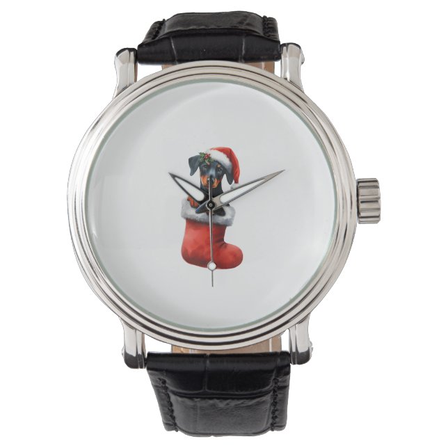 Doberman Pinscher In Sock Christmas Santa Hat Xmas Watch (Front)