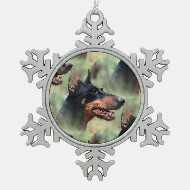 Doberman Pinscher in the Woods Snowflake Pewter Christmas Ornament (Front)