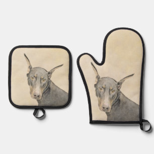 Doberman Pinscher Painting Dobie Cropped Dog Art Oven Mitt & Pot Holder Set