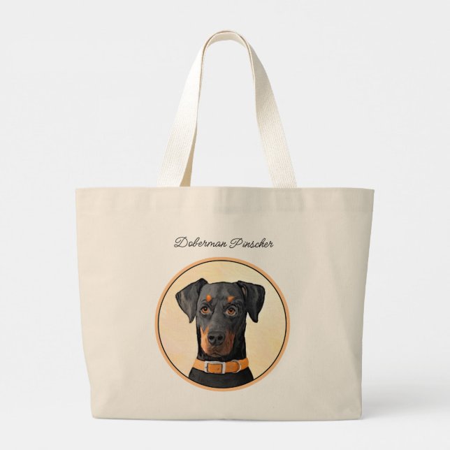 Doberman Pinscher Painting Dobie Uncropped Dog Art Large Tote Bag (Back)