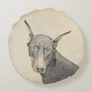 Doberman Pinscher Painting - Original Dog Art Round Pillow