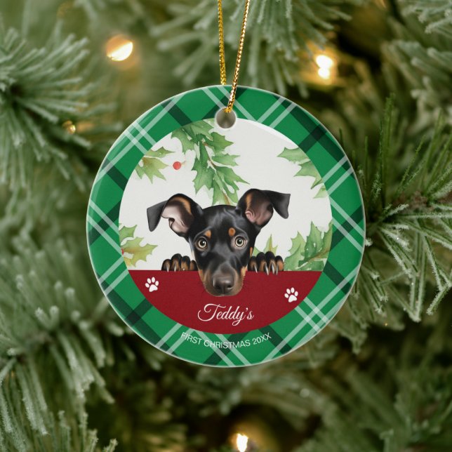 Doberman Pinscher Personalized First Christmas Ceramic Ornament (Tree)