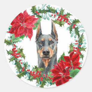 Doberman Pinscher Poinsettia Holly Holiday Wreath Classic Round Sticker
