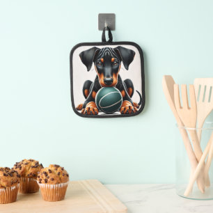 Doberman Pinscher Puppy Holding a Ball Pot Holder