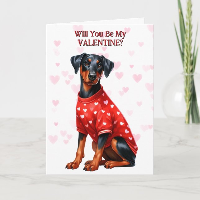 Doberman Pinscher Puppy in Sweater Valentine Holiday Card (Front)