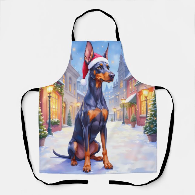 Doberman Pinscher Snowy Village Santa Hat Christma Apron (Front)