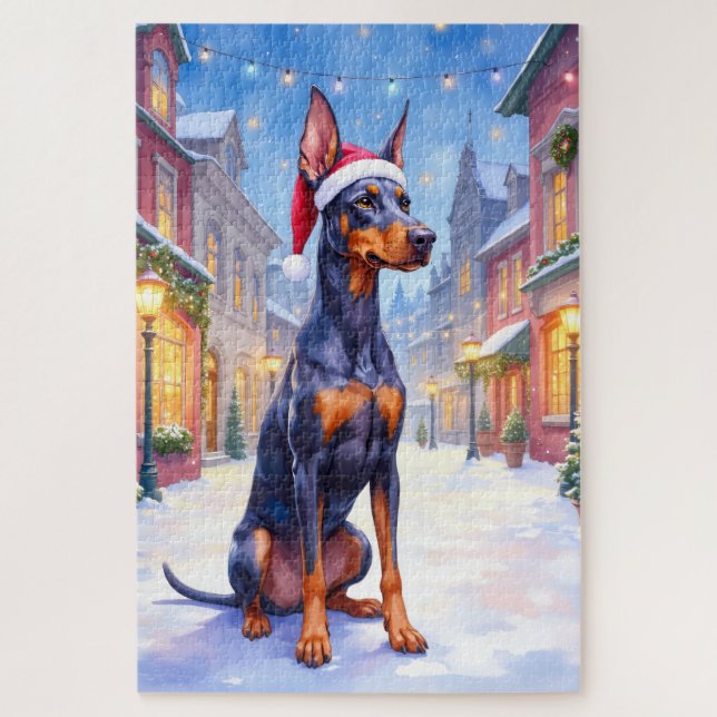 Doberman Pinscher Snowy Village Santa Hat Christma Jigsaw Puzzle (Vertical)