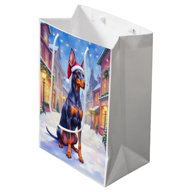 Doberman Pinscher Snowy Village Santa Hat Christma Medium Gift Bag (Front Angled)