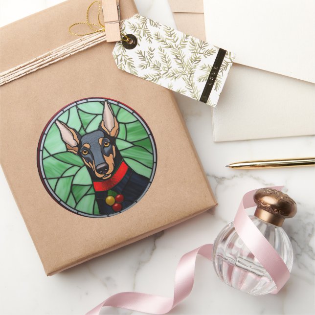 Doberman Pinscher Stained Glass Christmas  Classic Round Sticker (Gifting)