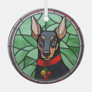 Doberman Pinscher Stained Glass Christmas  Glass Ornament