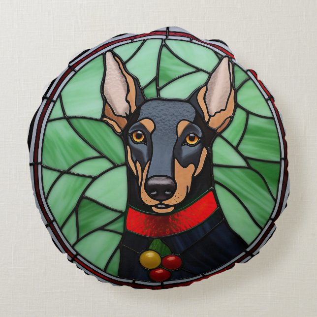 Doberman Pinscher Stained Glass Christmas  Round Pillow (Back)