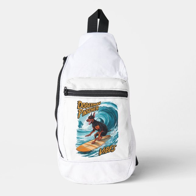 Doberman Pinscher Surfer Riding Tropical Wave Sling Bag (Front)
