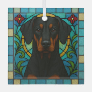 Doberman Pinscher Uncropped Dog "Stained Glass"  Glass Ornament