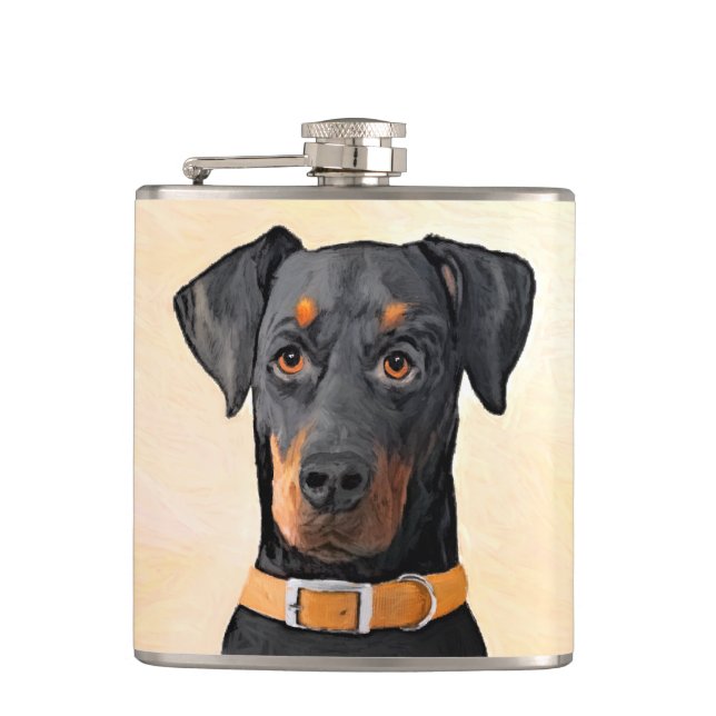 Doberman Pinscher Uncropped Painting Original Art Hip Flask (Front)