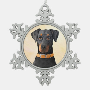 Doberman Pinscher Uncropped Painting Original Art Snowflake Pewter Christmas Ornament