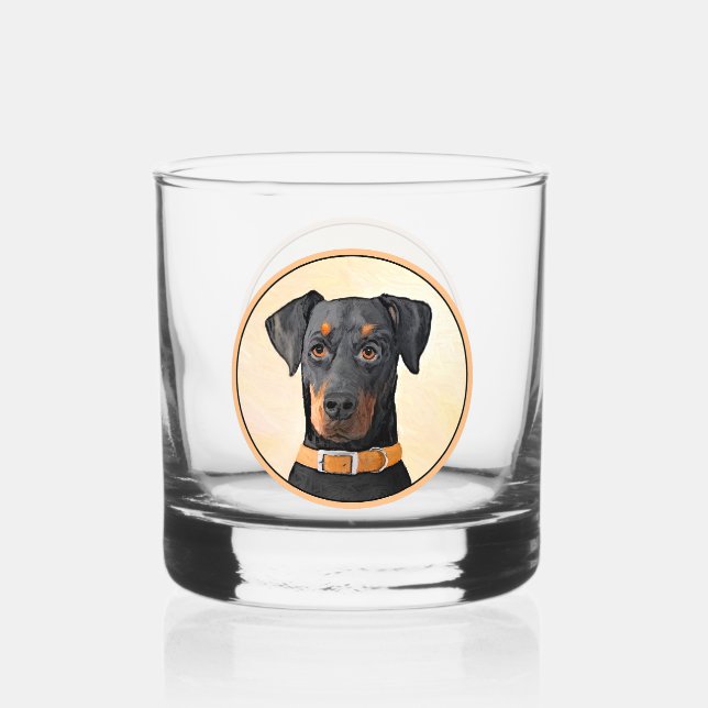 Doberman Pinscher Uncropped Painting Original Art Whiskey Glass (Front)