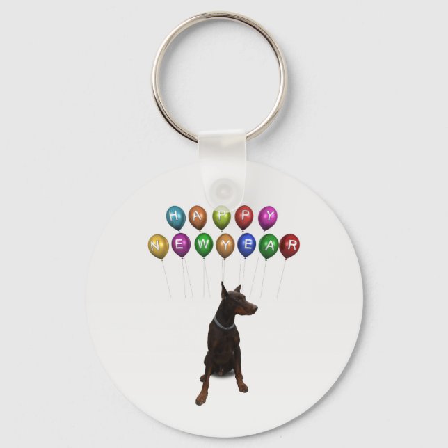 Doberman Pinscher wishing Happy New Year 2016 Keychain (Front)