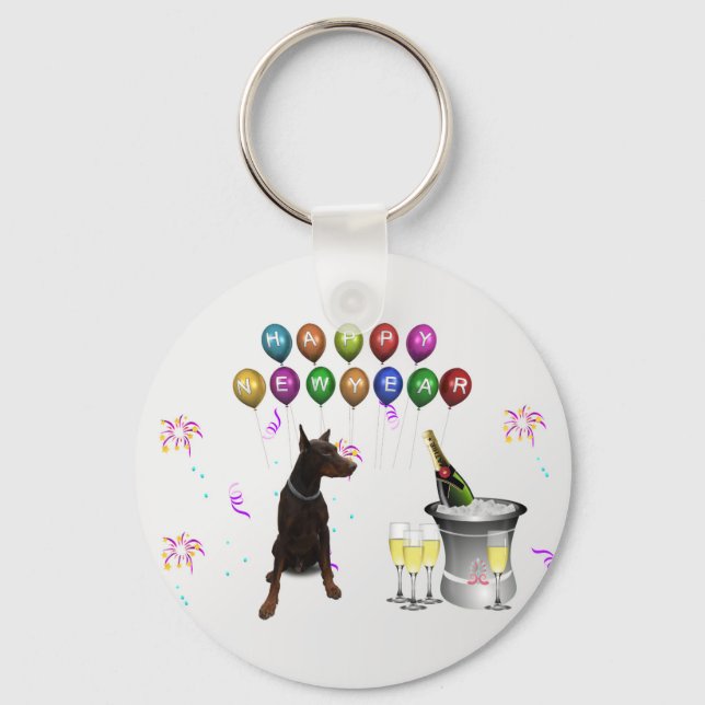 Doberman Pinscher wishing Happy New Year 2016 Keychain (Front)