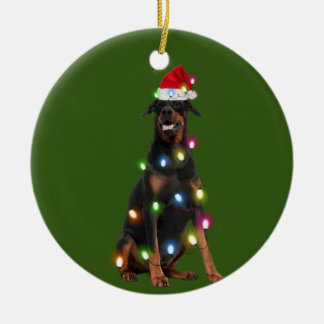 Doberman Pinscher With Christmas Scafts Sant Ceramic Ornament