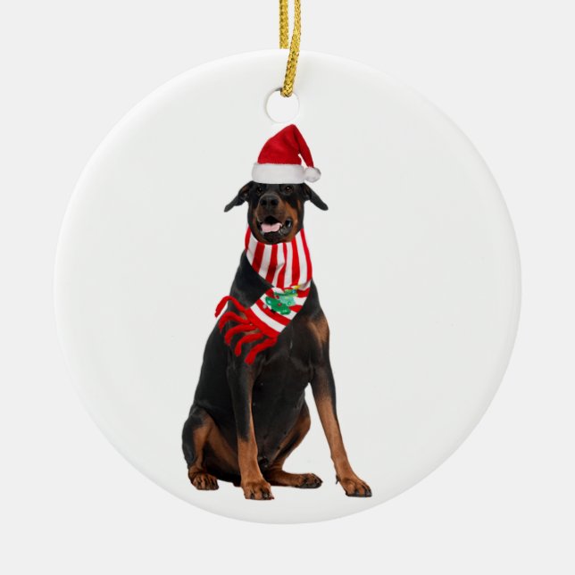 Doberman Pinscher With Hat Scaft Christmas Ceramic Ornament (Front)