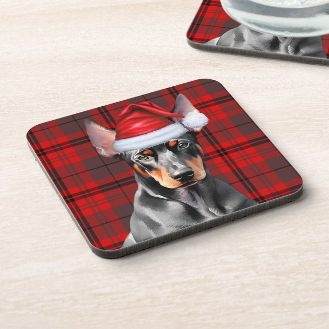 Doberman Pinscher with Seasonal Red Holiday Plaid Coaster (Left Side)
