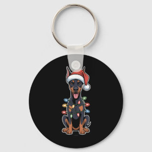 Doberman Pinscher Wrapped In Christmas Lights Keychain