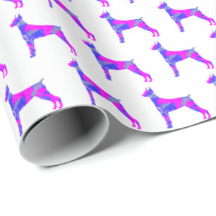 Doberman Pinsher Dog Silhouette Pink/Blue White Wrapping Paper
