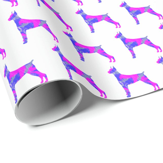 Doberman Pinsher Dog Silhouette Pink/Blue White Wrapping Paper (Roll Corner)