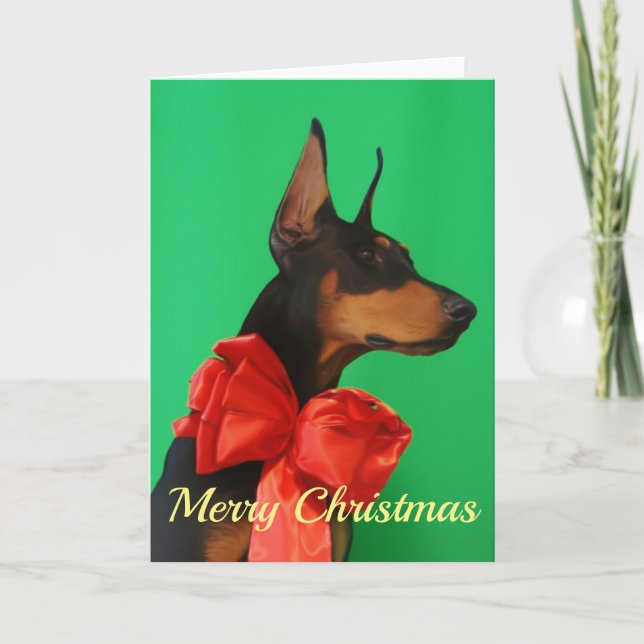 Doberman Potrait with Red Christmas Bow Card (Front)