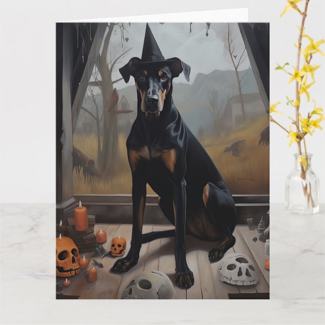 Doberman Pumpkins Halloween Scary Card (Yellow Flower)