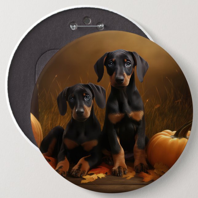 Doberman Puppy Autumn Delight Pumpkin  6 Inch Round Button (Front & Back)