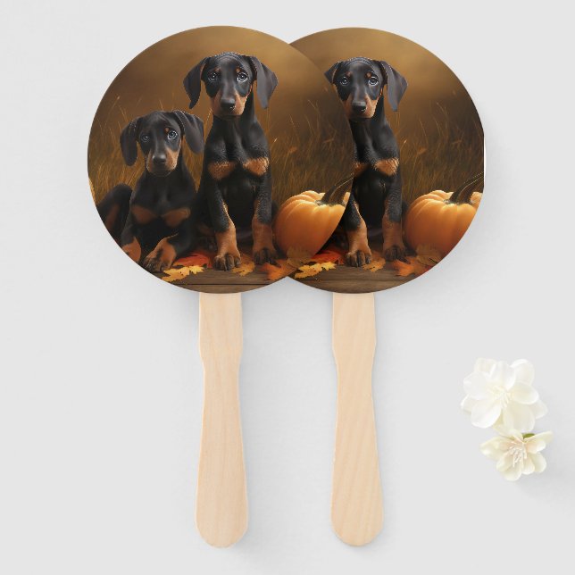 Doberman Puppy Autumn Delight Pumpkin  Hand Fan (Front and Back)