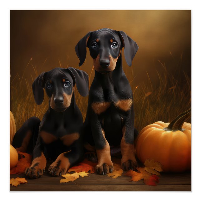 Doberman Puppy Autumn Delight Pumpkin  Poster (Front)