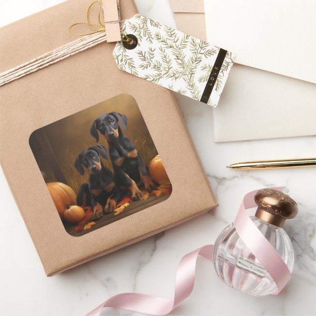 Doberman Puppy Autumn Delight Pumpkin  Square Sticker (Gifting)