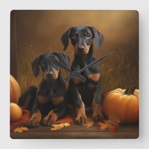 Doberman Puppy Autumn Delight Pumpkin  Square Wall Clock