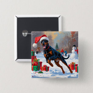 Doberman Running in Snow with Christmas Hat 2 Inch Square Button