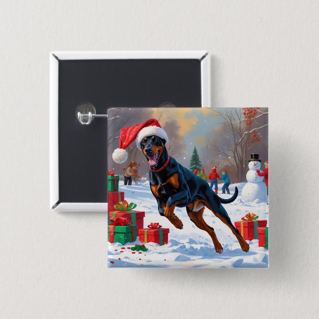 Doberman Running in Snow with Christmas Hat 2 Inch Square Button (Front & Back)