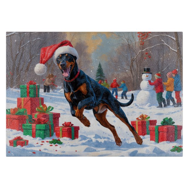 Doberman Running in Snow with Christmas Hat Cutting Board (Front)