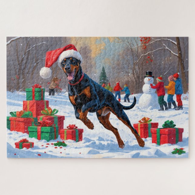 Doberman Running in Snow with Christmas Hat Jigsaw Puzzle (Horizontal)