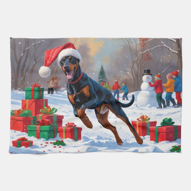 Doberman Running in Snow with Christmas Hat Kitchen Towel (Horizontal)