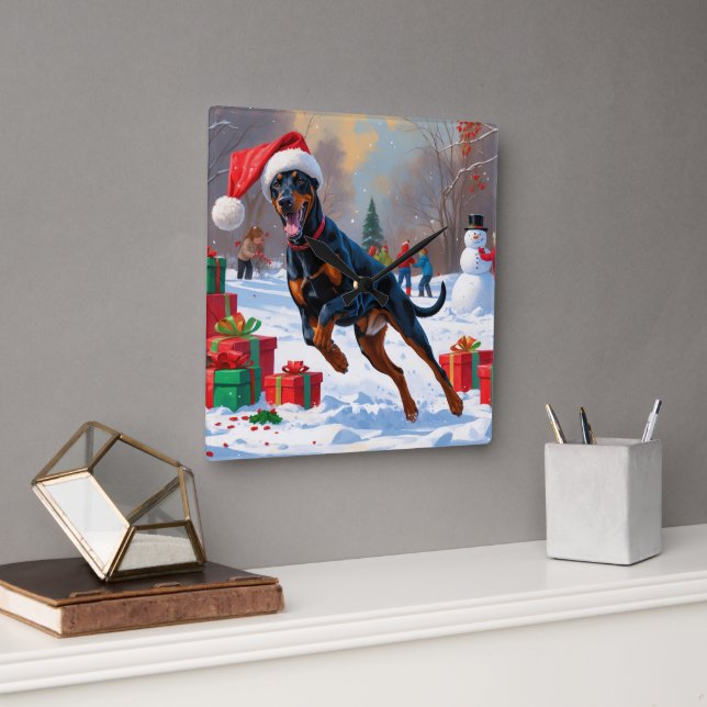 Doberman Running in Snow with Christmas Hat Square Wall Clock (Office)