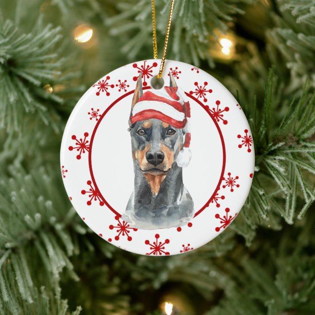Doberman Santa Hat Red Snowflake Template Ceramic Ornament (Tree)